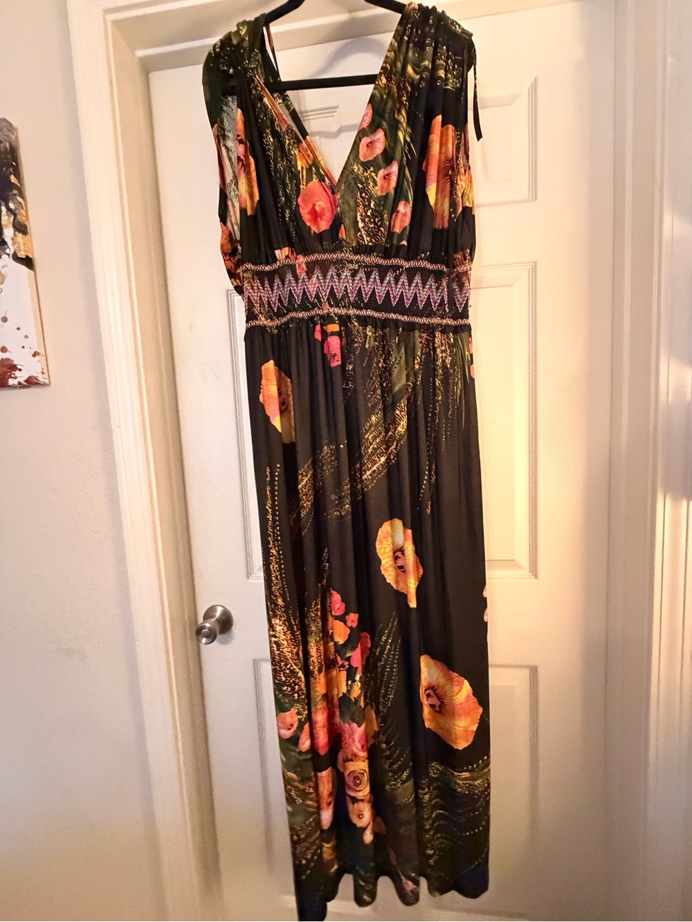 Floral V-Neck Maxi Dress in Black and Orange with Shoulder ties